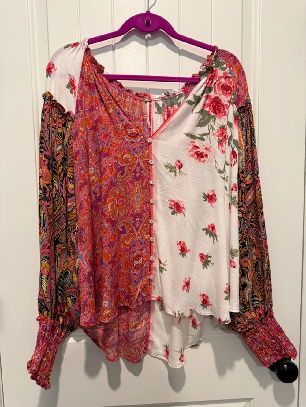 Free People Gemini Patchwork Boho Blouse Paisley & Floral Button-Front Blouse - Picture 2 of 12